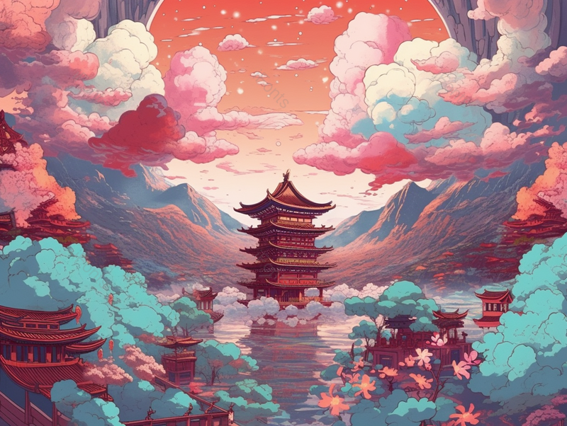 敦煌古城粉色唯美宝塔风景插画,插画/手绘图,插画/手绘图库,插画/手绘图下载,插画/手绘